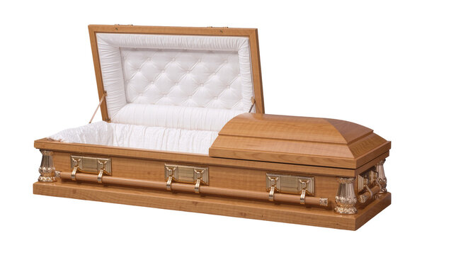 Ornate wooden coffin with white satin lining, isolated on transparent background