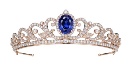 Rose gold tiara with oval sapphire and diamonds, isolated on transparent background © Cian