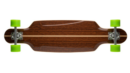 Brown wooden longboard skateboard with bright green wheels, isolated on transparent background © Cian