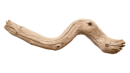 Curved weathered driftwood branch with knots and grain, isolated on transparent background © Cian