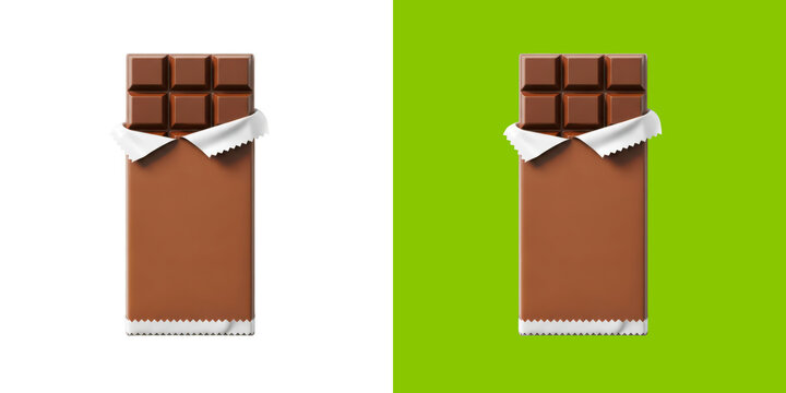 Milk chocolate bar with a brown wrapper partially open for a delicious sweet snack