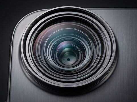 Macro shot of a smartphone camera lens with light reflection lens elements mobile photography glass optics