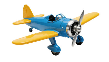 Blue and yellow vintage propeller airplane, isolated on transparent background © Cian