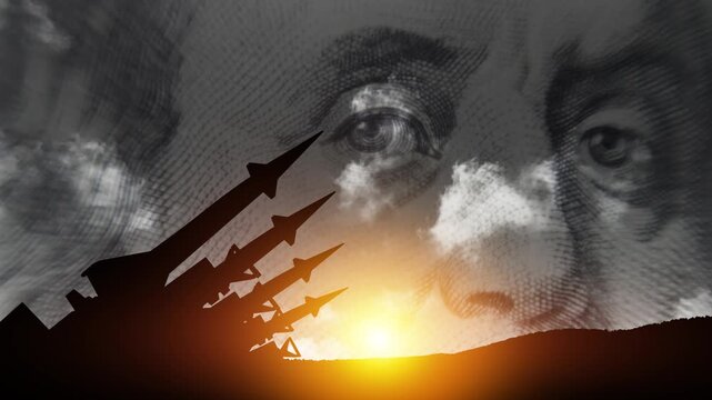 The missiles are aimed to the sky at sunset. The missiles on background of US dollar. Nuclear bomb, chemical weapons, missile defense, a system of salvo fire.