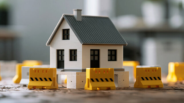 Small house model surrounded by miniature emergency barriers and elevated foundations, disaster resilient housing, property protection, climate adaptation, home insurance, with