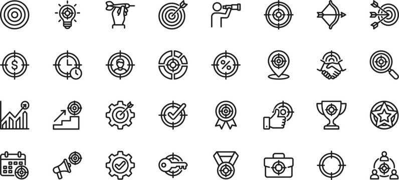 Set of target and goal icons, business strategy, marketing, achievement, and planning symbols