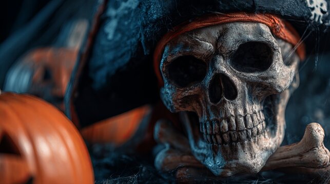 Dramatic pirate skull with glowing orange eyes and dark shadows, perfect background representing Halloween concept and spooky vibes