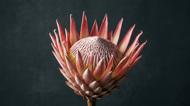 Detailed close up of a single pink king protea bloom isolated against dark grey background