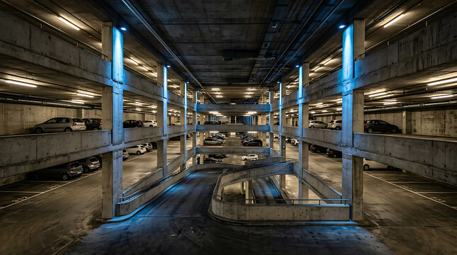 Multilevel Concrete Parking Garage Interior With Cars And Access Ramp
