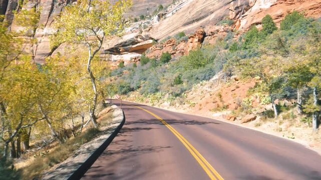 Pov driving along winding red asphalt road through sandstone cliffs and autumn foliage of zion national park in utah, capturing essence of scenic road trip. View of traffic traveling along highway