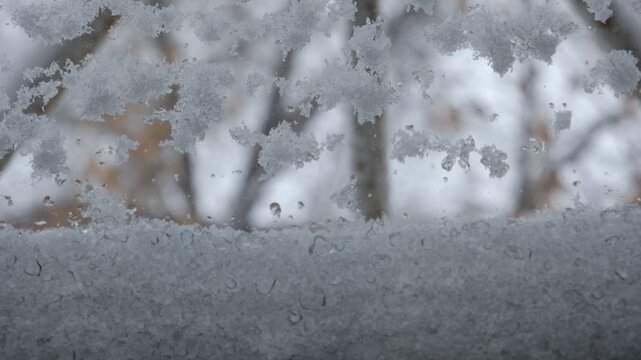 Frosty window, dreamy, coziness and tranquility. Atmosphere is calm and quiet, reflecting the peaceful stillness after a snowstorm. Frosty glass, fluffy snow, post-blizzard,  quiet winter,