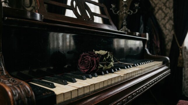 Wilted rose on an antique piano keyboard