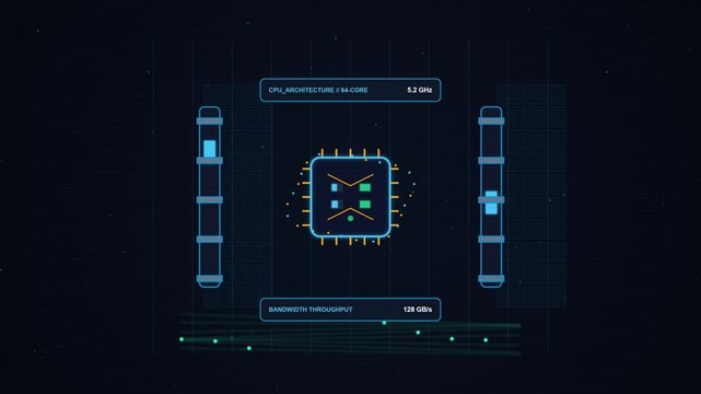 Digital Server Room Infrastructure and Cybernetic CPU Processor Core Loop Animation