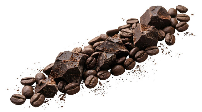 Dark chocolate chunks and roasted coffee beans isolated on transparent background