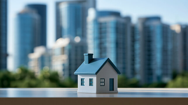 Professional real estate concept with a small house model in the foreground and blurred modern apartment buildings behind, property investment, urban housing, homeownership,