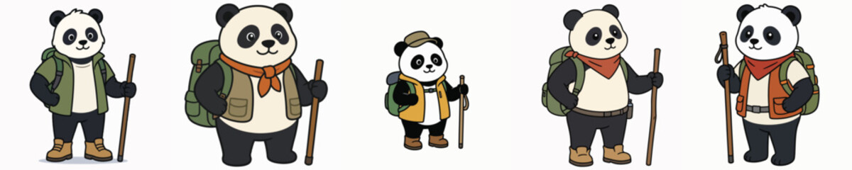 A set of cute panda vectors dressed for hiking and ready for adventure. © Monte Carlo