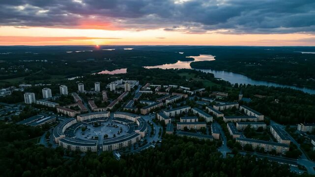 aerial view of v&auml;llingby sweden at sunset light timelapse video