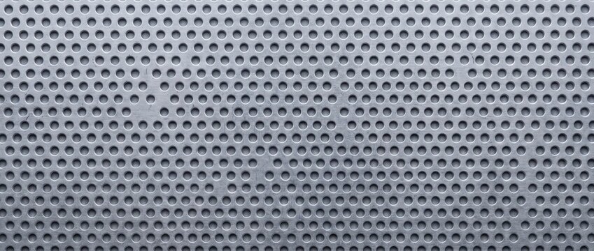 Perforated aluminum sheet texture with round holes. Industrial brushed metal grid pattern
