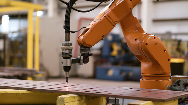 An industrial robotic arm performs precise laser cutting work on a metal plate inside a modern automated manufacturing facility workshop