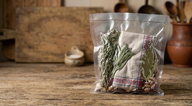 Vacuum sealed plastic bag with dried herbs and beans on rustic wooden table. Food preservation and storage concept