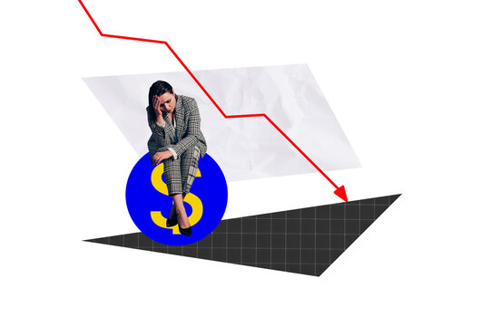Creative abstract template collage of sad female bankruptcy earning crisis inflation&nbsp;weird freak bizarre unusual fantasy