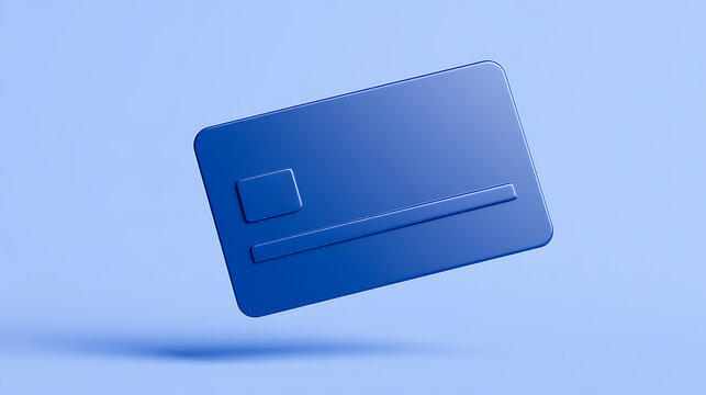 Minimalist 3D blue credit card floating on a solid blue background, representing modern finance, digital payment, and secure money transfer