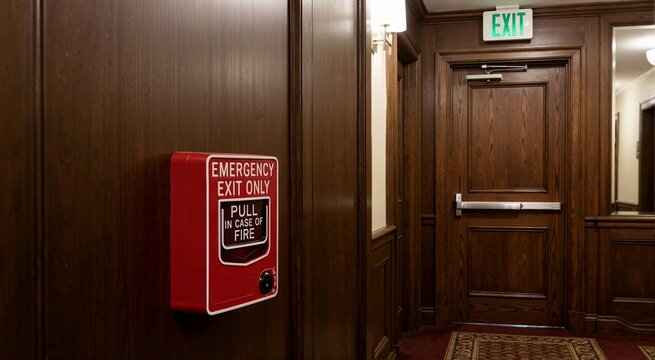 Red emergency exit alarm box in classic wood hallway. Fire pull station near marked exit door