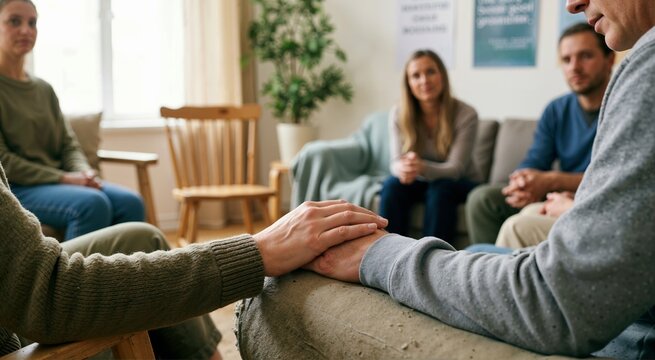 Close up of supportive gesture between consenting group participants. Group therapy and peer support