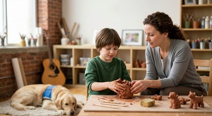 Fototapeta premium Child exploring feelings through clay with art therapist. Art music and animal assisted therapy