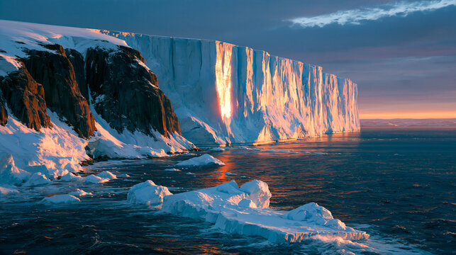 Close-up view of a massive tabular iceberg wall illuminated by golden morning light, deep blue ocean waters, majestic polar landscape