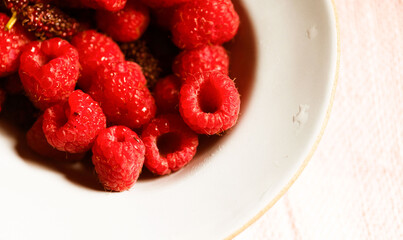 Fresh raspberries in white bowl on bright table © Rawpixel.com