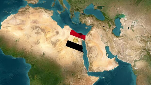 Egypt satellite map video footage with national flag animation and country name text clip