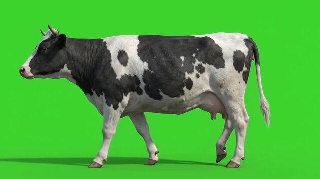 Holstein Friesian dairy cow walking against a green screen background. Side view of a black and white spotted cow isolated on chroma key for video editing and VFX compositing.