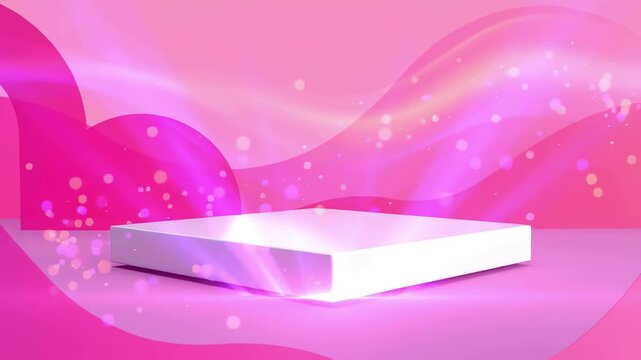 Minimalist silhouette pink abstract background featuring a clean white platform with soft glowing light and subtle motion
