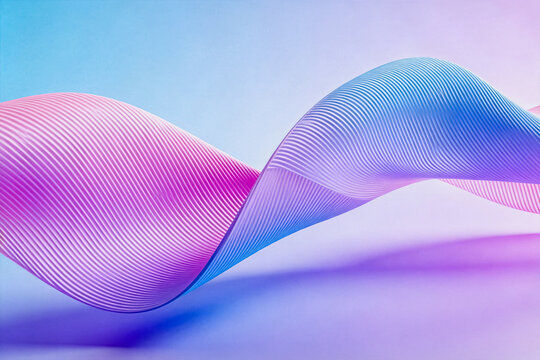 A smooth, flowing abstract wave with gradient pink and blue tones, featuring fine parallel lines and soft translucency.