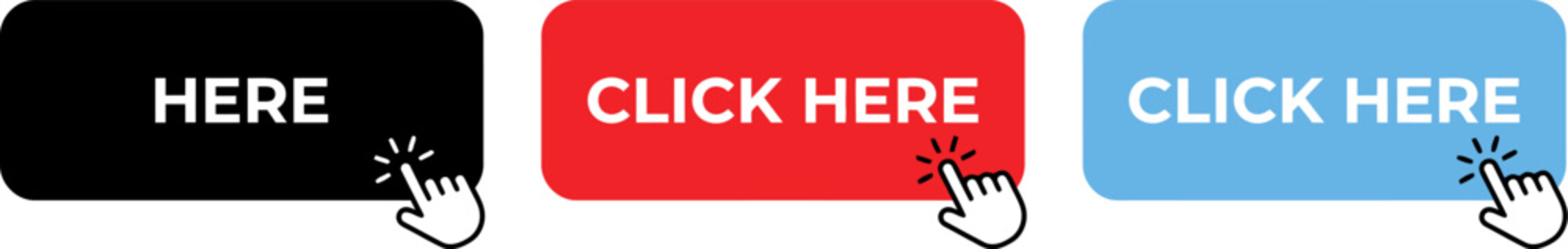 Set of three colorful call to action buttons with the text click here