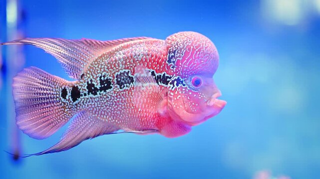 Full-Body Profile of a Flowerhorn Cichlid Swimming Right