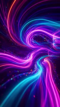 Abstract neon light waves flowing through dark space with dynamic motion blur and vibrant glowing trails creating a futuristic energy flow