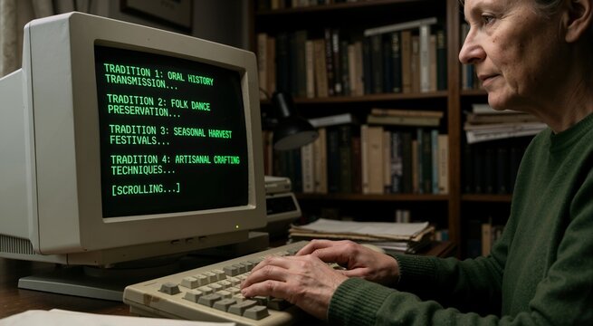 Woman typing on vintage computer with green phosphor screen terminal. Retro computing display showing cultural traditions in library