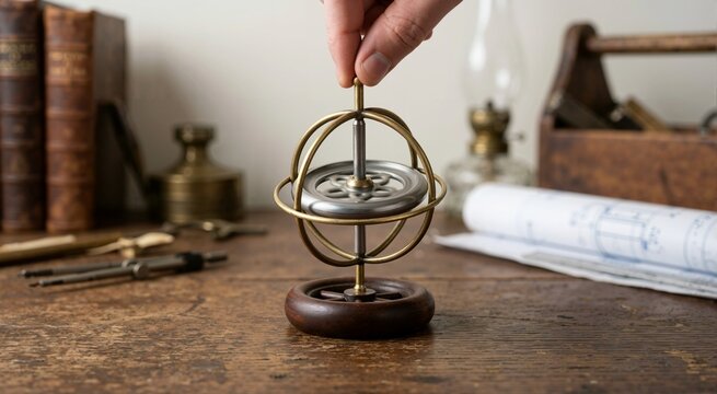 Brass gyroscope spinning on a wooden stand. Hand balancing mechanical scientific instrument on rustic desk