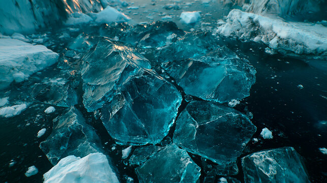 Aerial perspective of large fractured ice floes and crystal blocks drifting in the dark freezing ocean during daytime