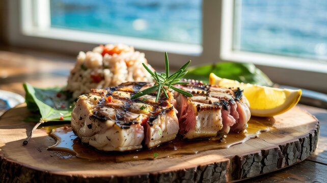 Bermudian cuisine. Bermudian grilled wahoo steak. Juicy wahoo fish steaks, grilled with strips, topped with citrus sauce and served with rice.