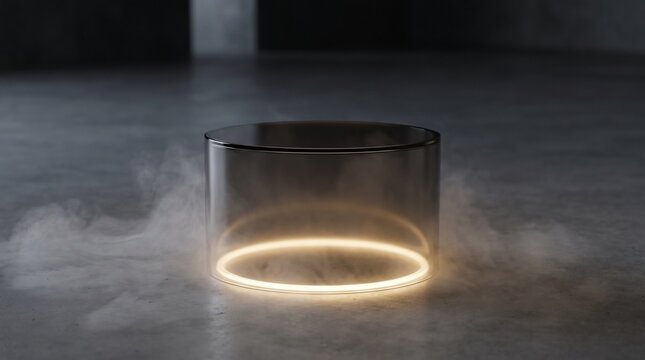 Cylindrical Podium with Glowing Neon Ring Light and Smoke Effect on Dark Floor Background