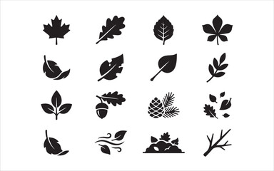 Fototapeta premium Black and white leaf icons set, featuring various tree leaves and autumn elements.