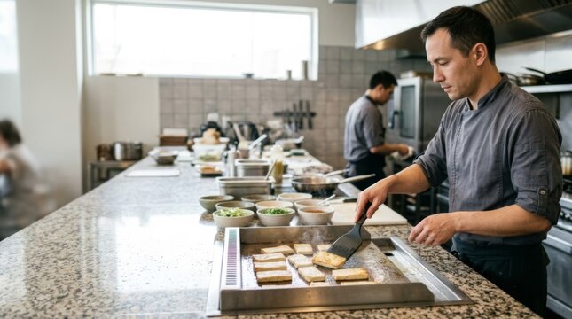 Chef flips tofu on a griddle in a bright, modern commercial kitchen with ample copy space