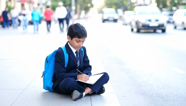 Focused Student on Sidewalk: A young boy in a school uniform, with a bright blue backpack, sits cross-legged on a city sidewalk, diligently writing in a notebook.