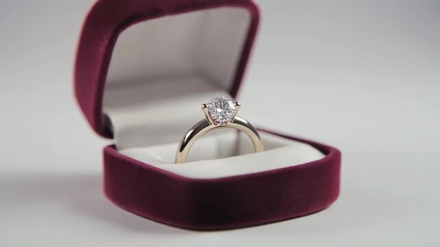 Burgundy velvet jewelry box opening to reveal gold diamond engagement ring on clean white studio background, proposal and wedding concept