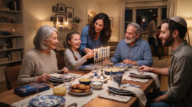 A heartwarming intergenerational Jewish family gathers around a dining table, lighting the Hanukkah menorah with radiant smiles and expressions of joy and togetherness during the festival of lights.
