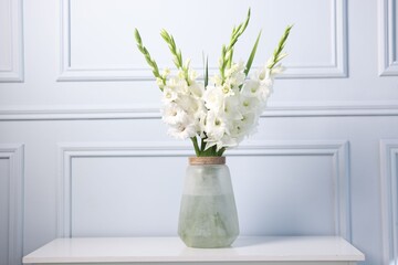 Fototapeta premium Beautiful gladiolus flowers in vase on cabinet near white wall indoors