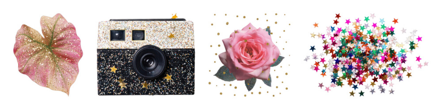 PNG Glitter camera with floral and star decorations, transparent background